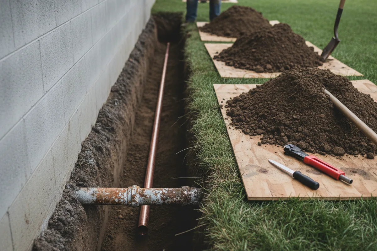 Excavated water line trench during Water Softener Installation in Haydenville